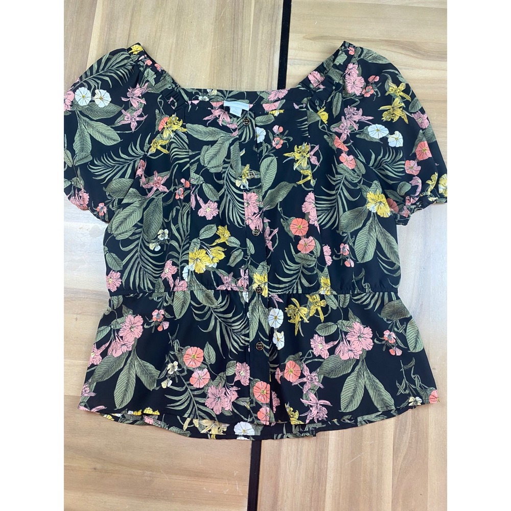 Liz Claiborne Womens XL Black Floral Peplum Blouse Short Puff Sleeve Square Neck